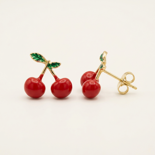 14K Gold Filled Cherry Stud Earrings with Enamel Leaves