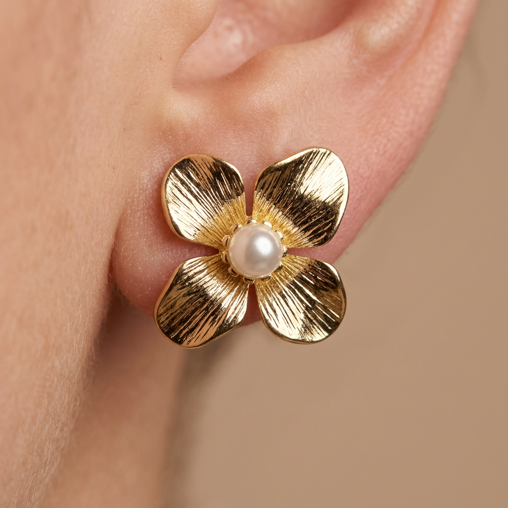 14K Gold Filled Textured Floral Pearl Stud Earrings