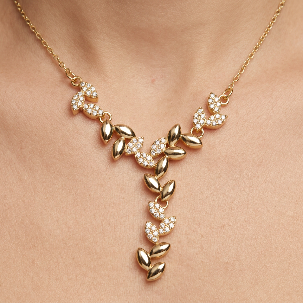 14K Gold Filled Cubic Zirconia Leaf Y-Necklace