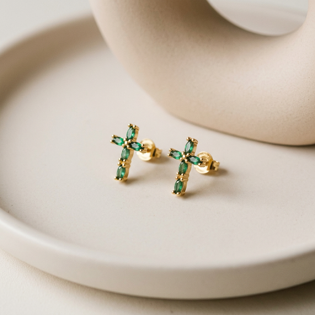 14K Gold Filled Green Marquise Cross Stud Earrings