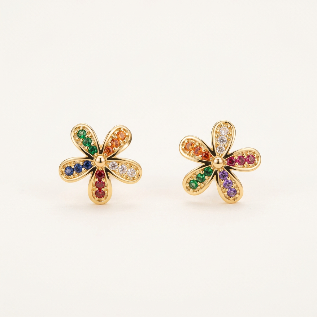 14K Gold Filled Multi-Colored Floral Stud Earrings