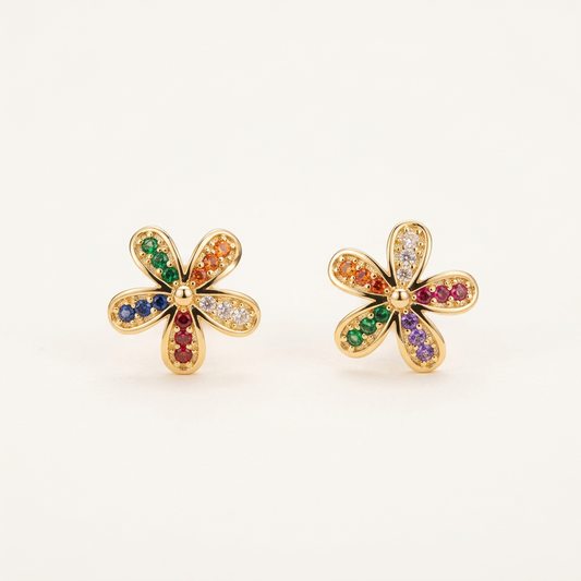 14K Gold Filled Multi-Colored Floral Stud Earrings