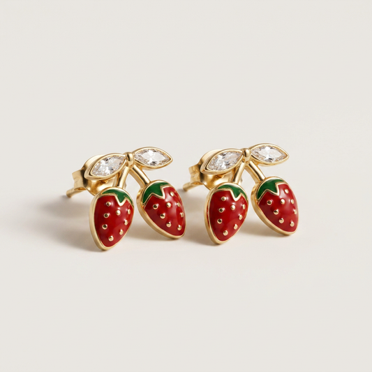 14K Gold Filled CZ and Enamel Strawberry Studs