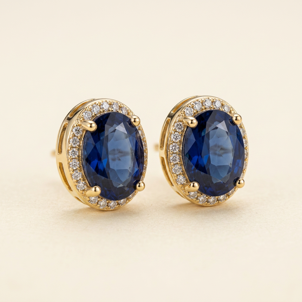 14K Gold Filled Sapphire Blue Oval Stud Earrings