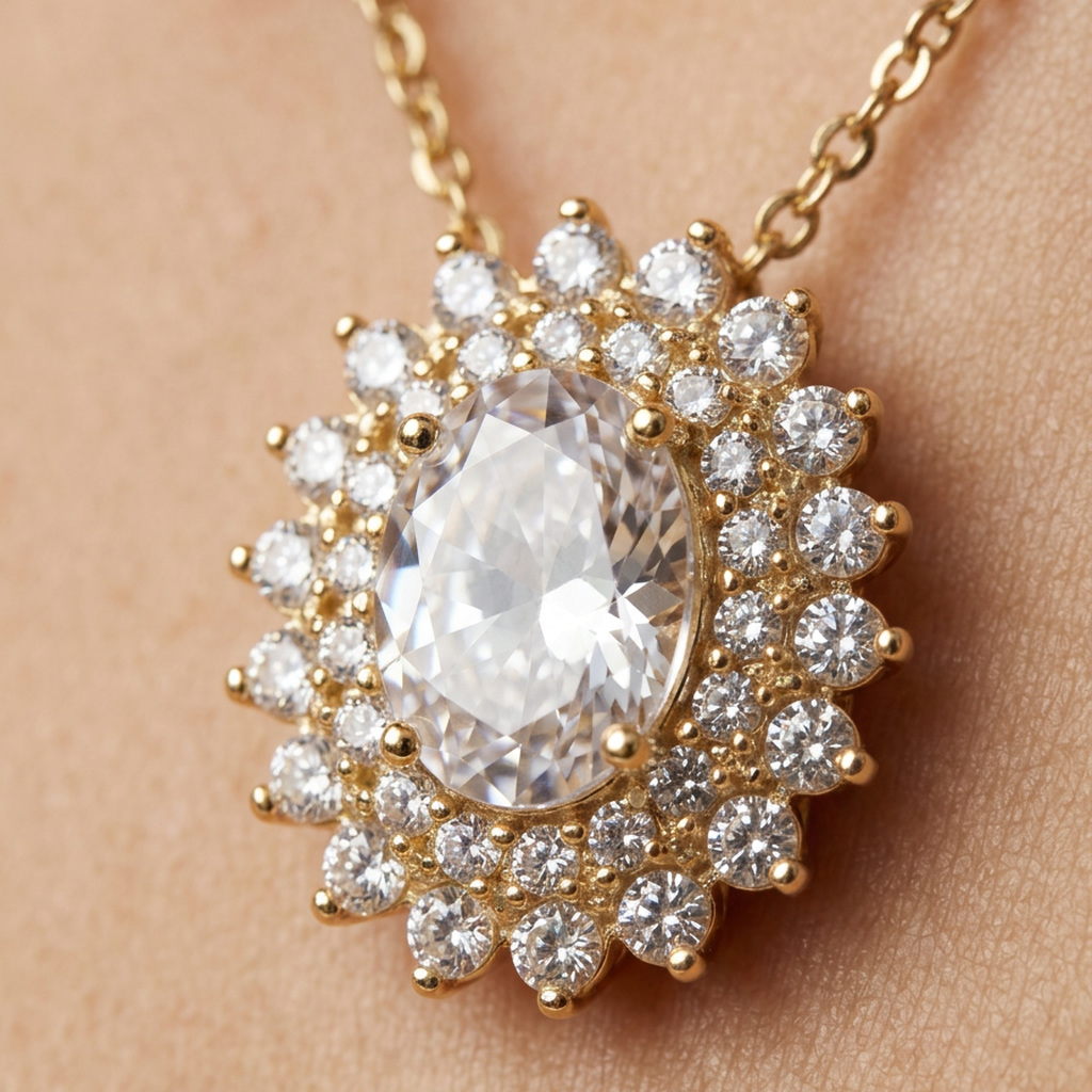 14K Gold Filled Oval CZ Halo Pendant Necklace