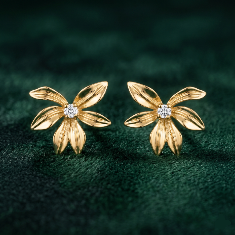 14K Gold Filled Sculptural Flower Stud Earrings w/ CZ