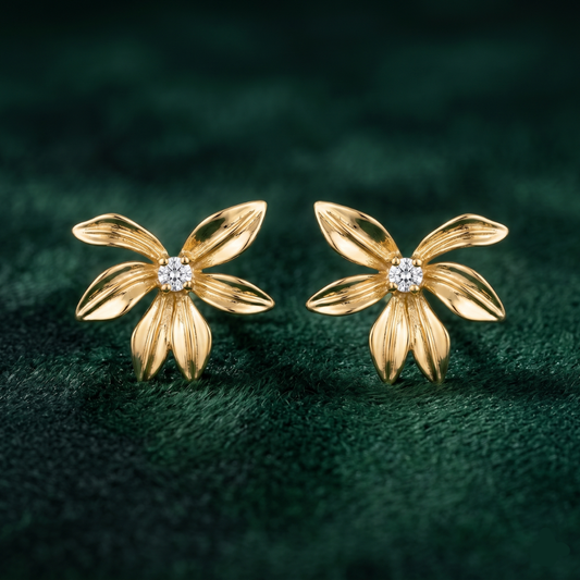 14K Gold Filled Sculptural Flower Stud Earrings w/ CZ