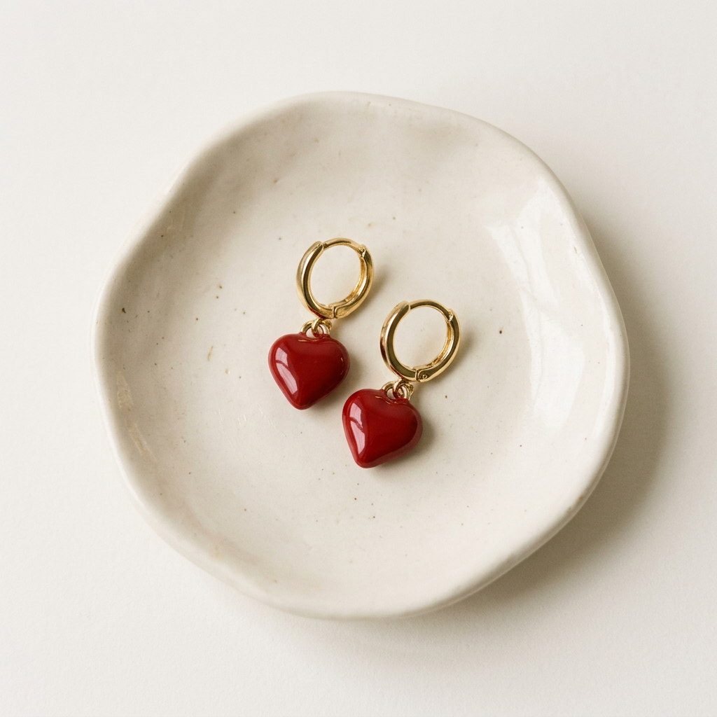 14K Gold Filled Red Enamel Heart Dangle Earrings