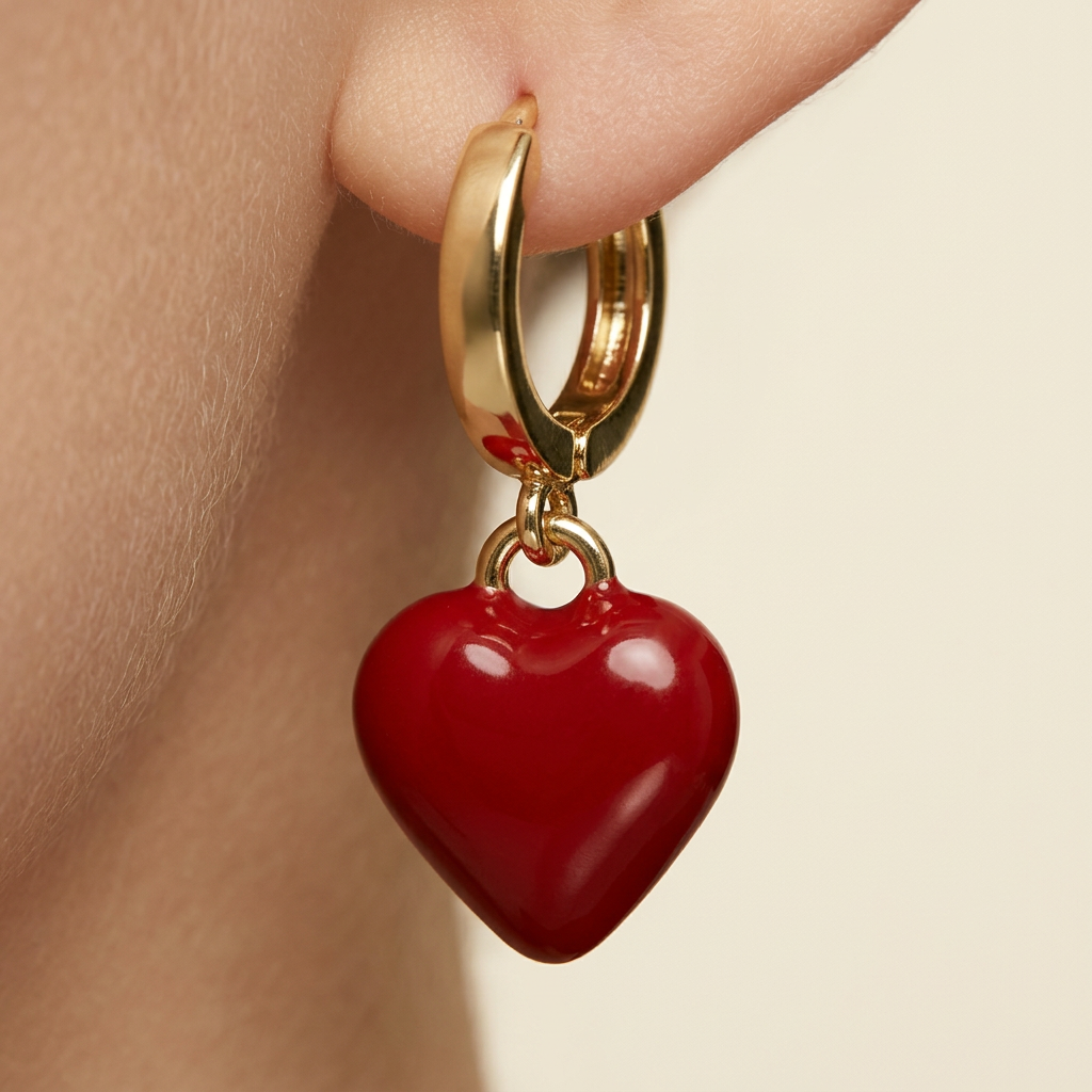 14K Gold Filled Red Enamel Heart Dangle Earrings