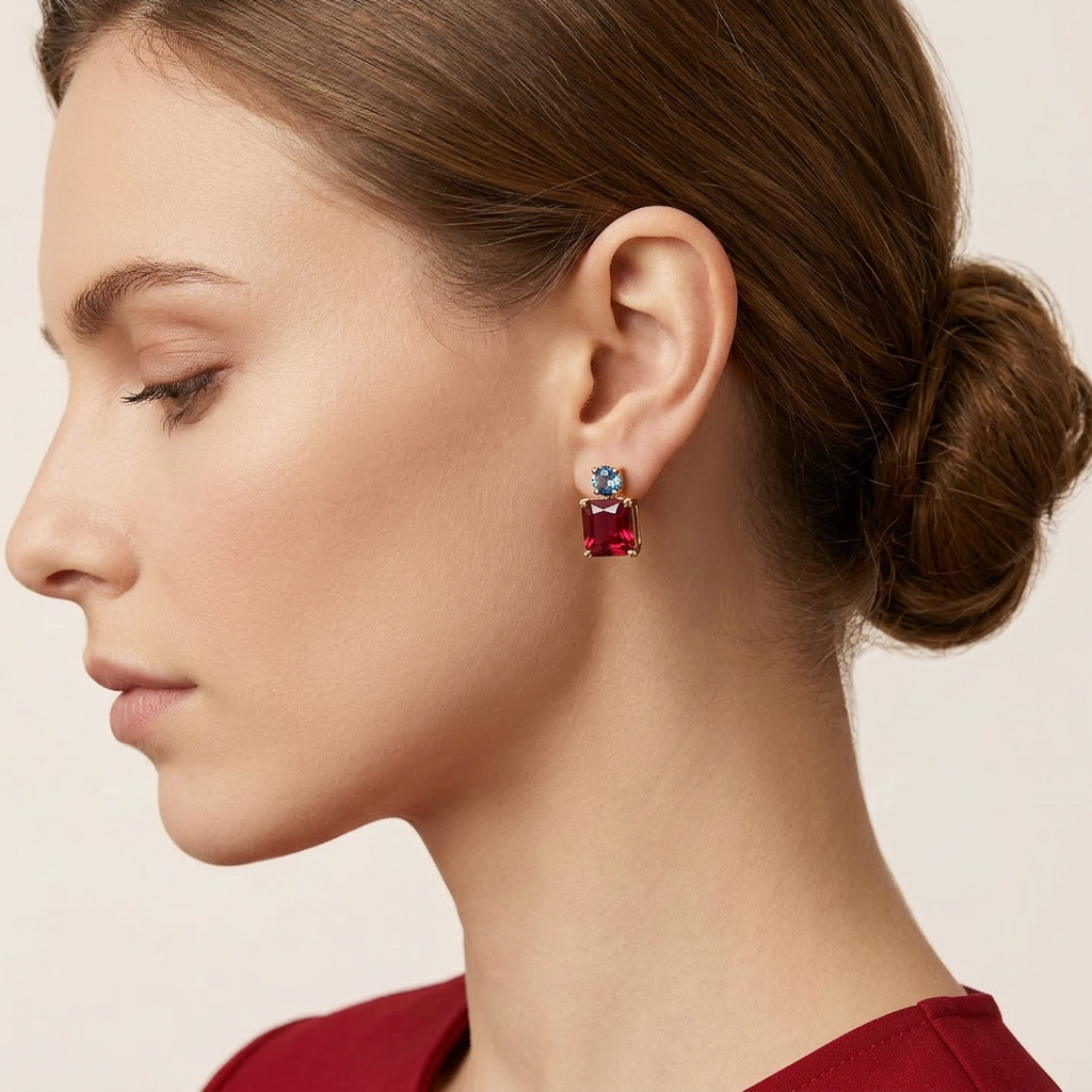 Garnet & Aquamarine Delicate 14K Gold Filled Studs