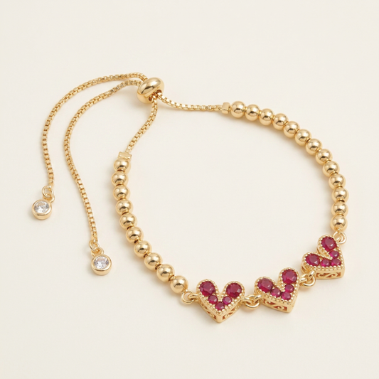 14K Gold Filled Heart Beaded Bracelet - Ruby Red