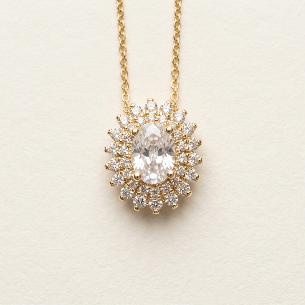 14K Gold Filled Oval CZ Halo Pendant Necklace