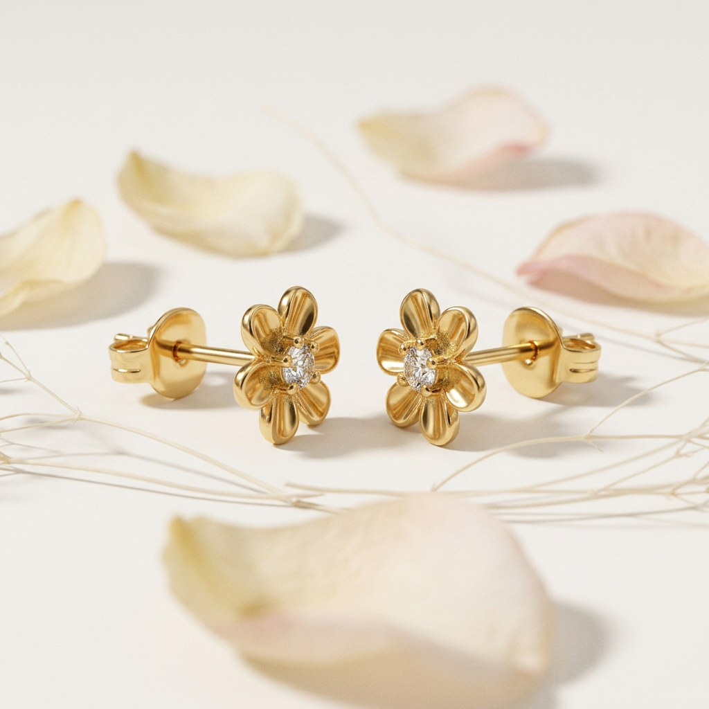 14K Gold Filled Floral Stud Earrings with Cubic Zirconia