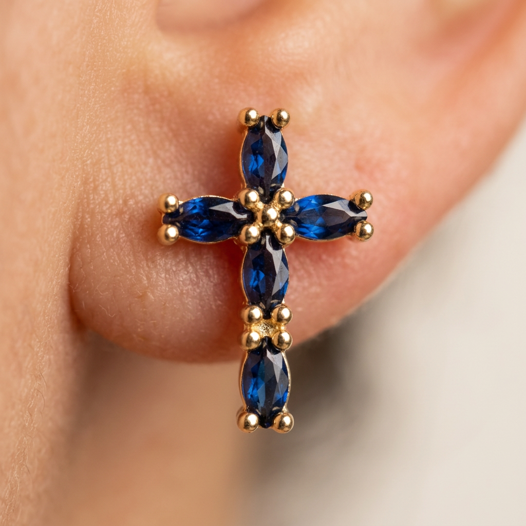 14K Gold Filled Blue Marquise Cross Stud Earrings