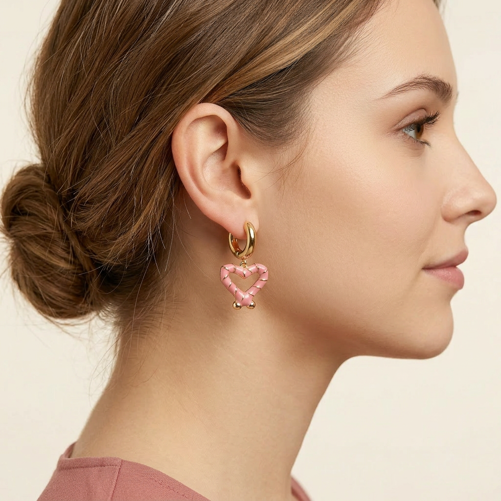 14K Gold Filled Pink Enamel Striped Heart Huggie Earrings
