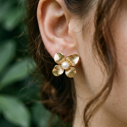 14K Gold Filled Textured Floral Pearl Stud Earrings
