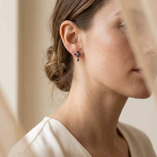 14K Gold Filled Blue Marquise Cross Stud Earrings