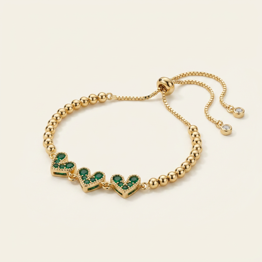 14K Gold Filled Heart Bolo Bracelet - Emerald