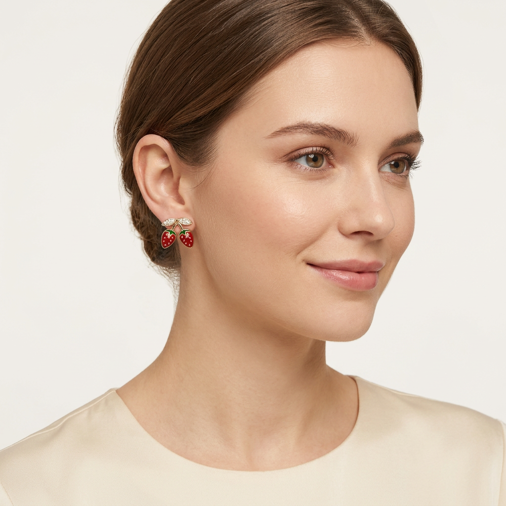 14K Gold Filled CZ and Enamel Strawberry Studs