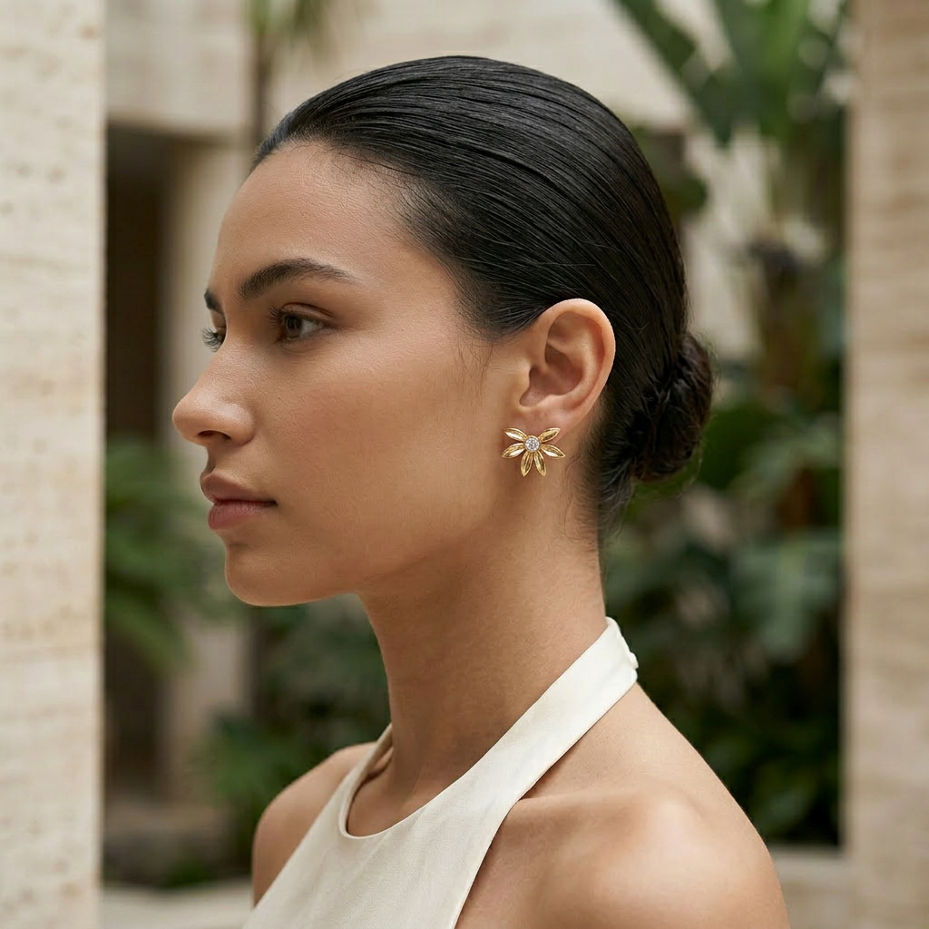 14K Gold Filled Sculptural Flower Stud Earrings w/ CZ