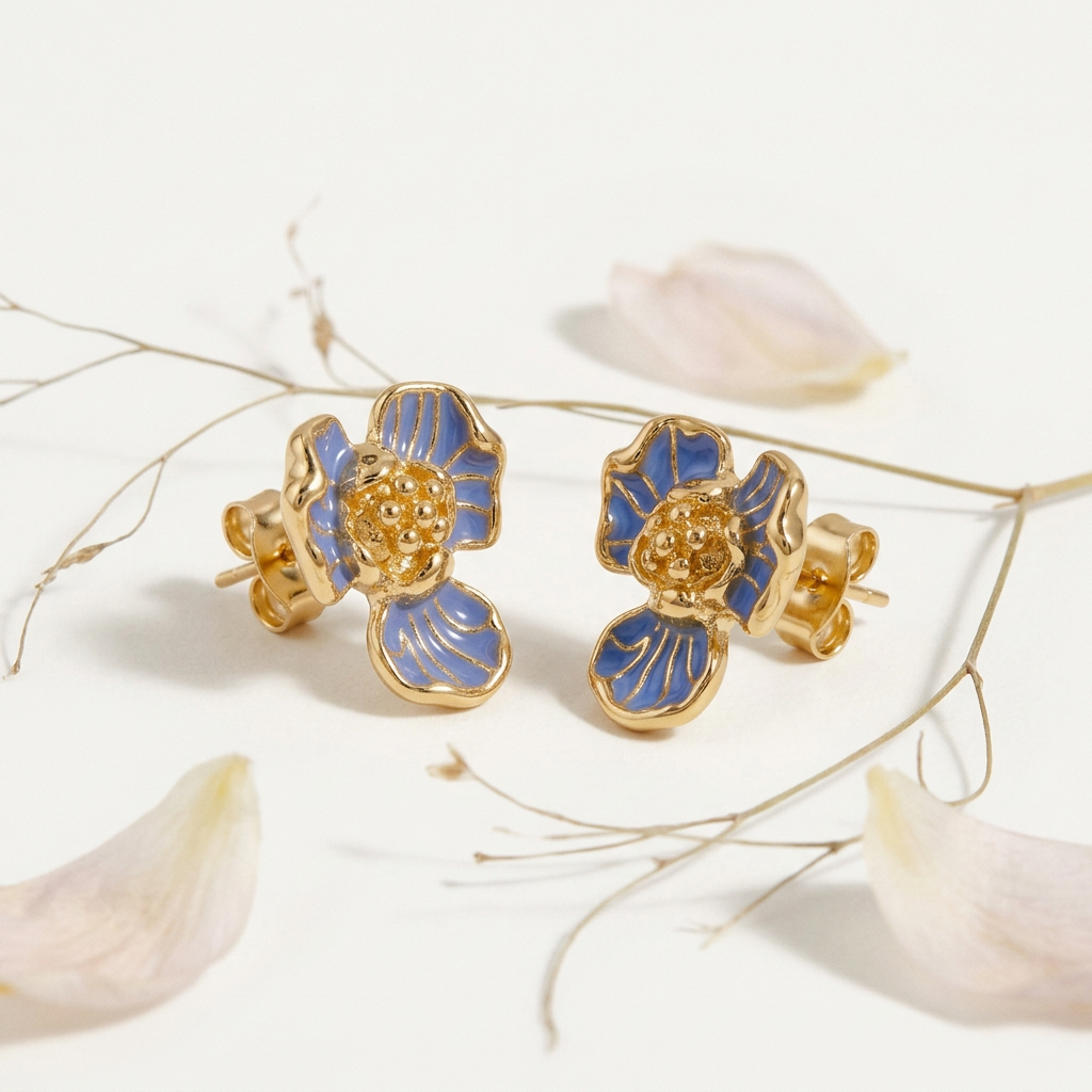 14K Gold Filled Enamel Floral Stud Earrings – Blue Petal_backup