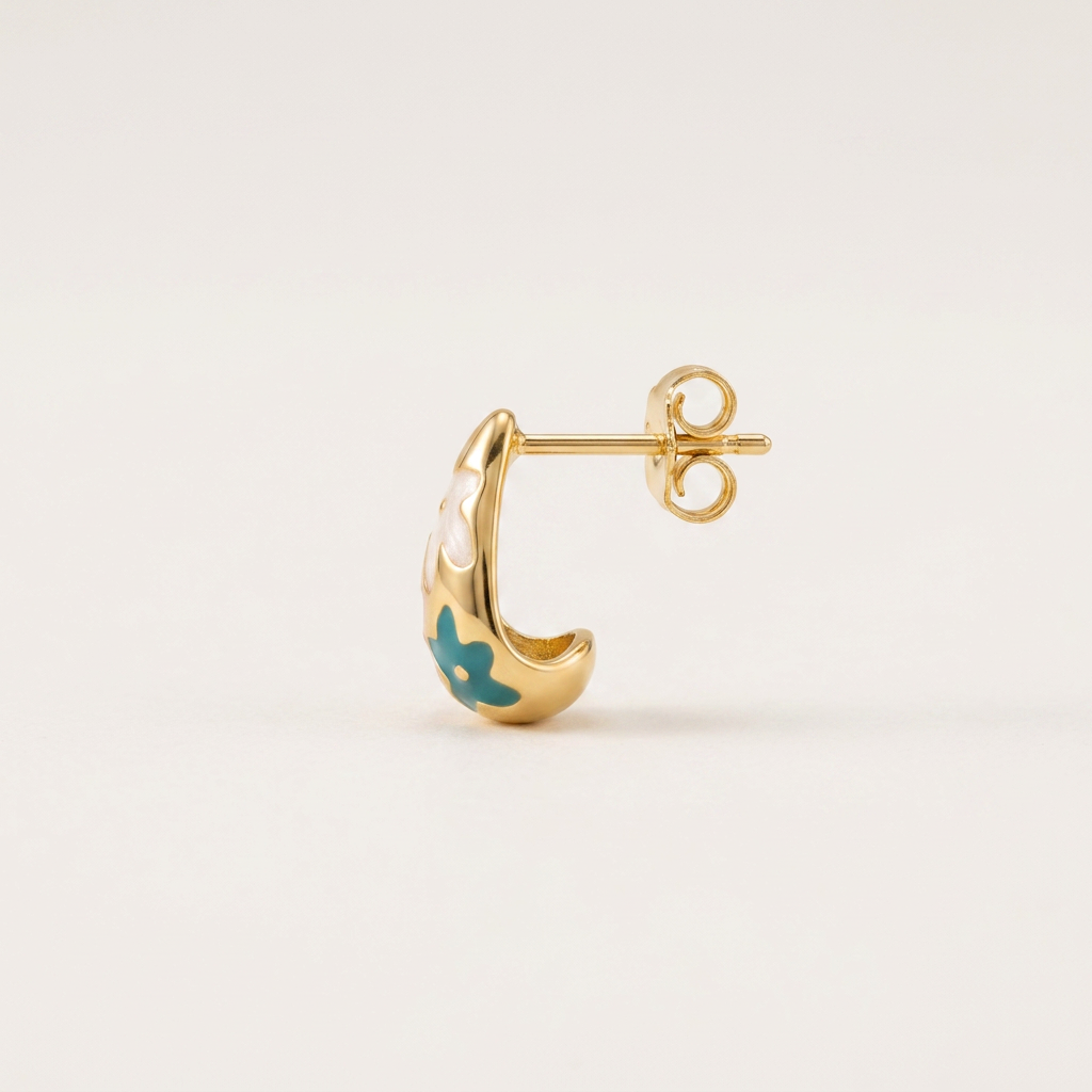 14K Gold Filled Enamel Floral Teardrop Stud Earrings - Teal