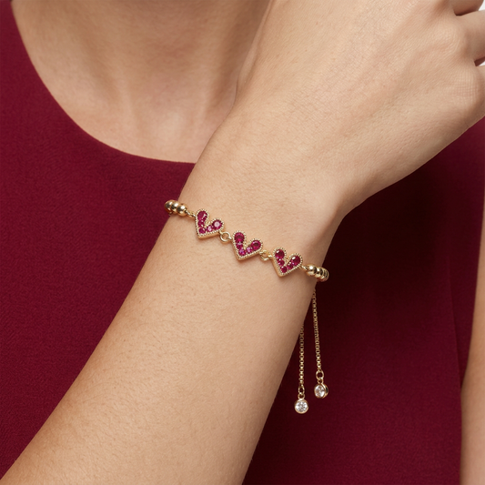 14K Gold Filled Heart Bolo Bracelet - Ruby Red