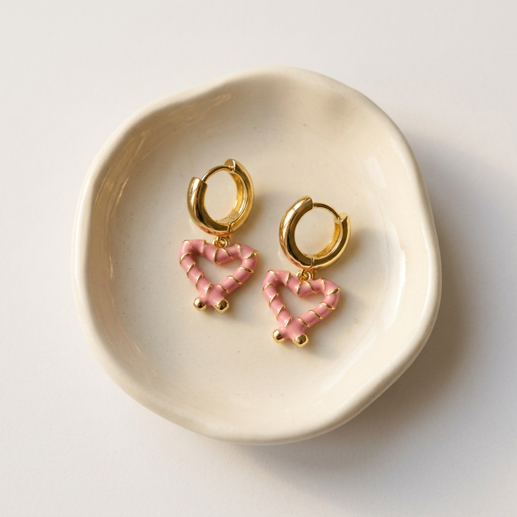 14K Gold Filled Pink Enamel Striped Heart Huggie Earrings