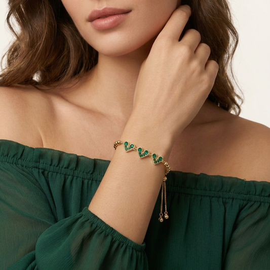 14K Gold Filled Heart Bolo Bracelet - Emerald