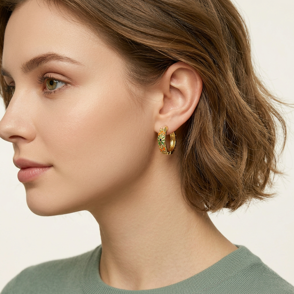 14K Gold Filled Floral Enamel Huggie Hoop Earrings
