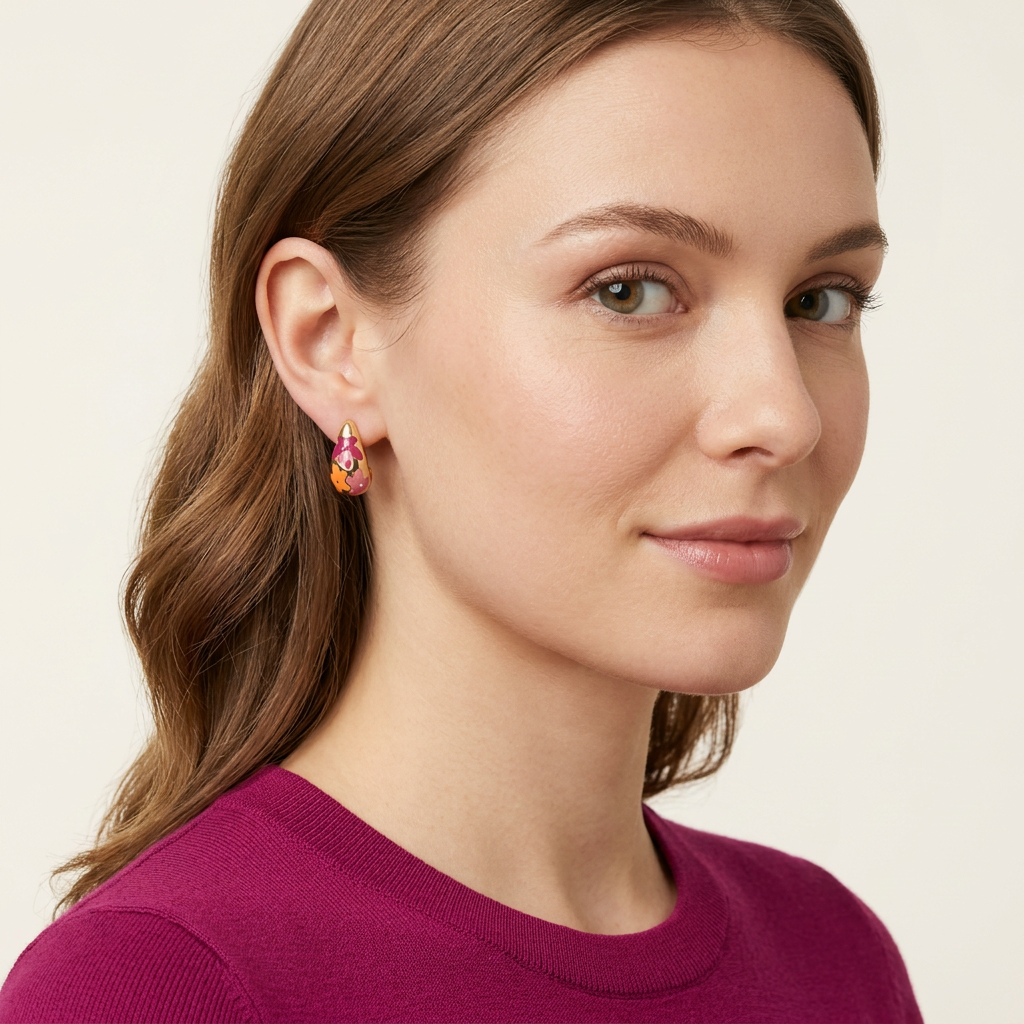 14K Gold Filled Floral Teardrop Stud Earrings - Pink