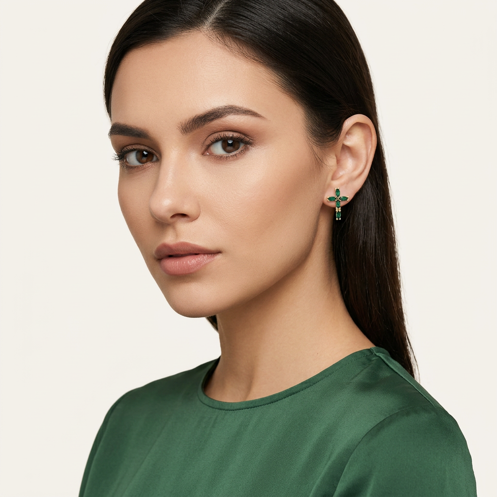 14K Gold Filled Green Marquise Cross Stud Earrings