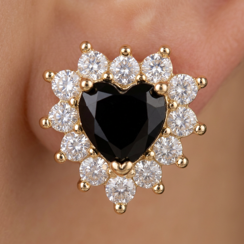 14K Gold Filled Black Heart Cubic Zirconia Stud Earrings