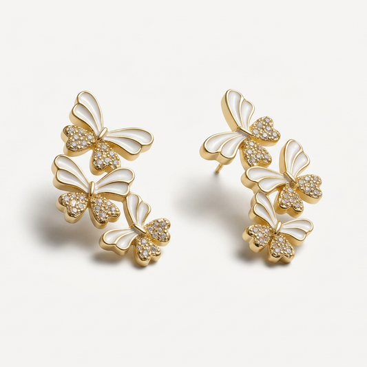14K Gold Filled Triple Butterfly Enamel and CZ Stud Earrings