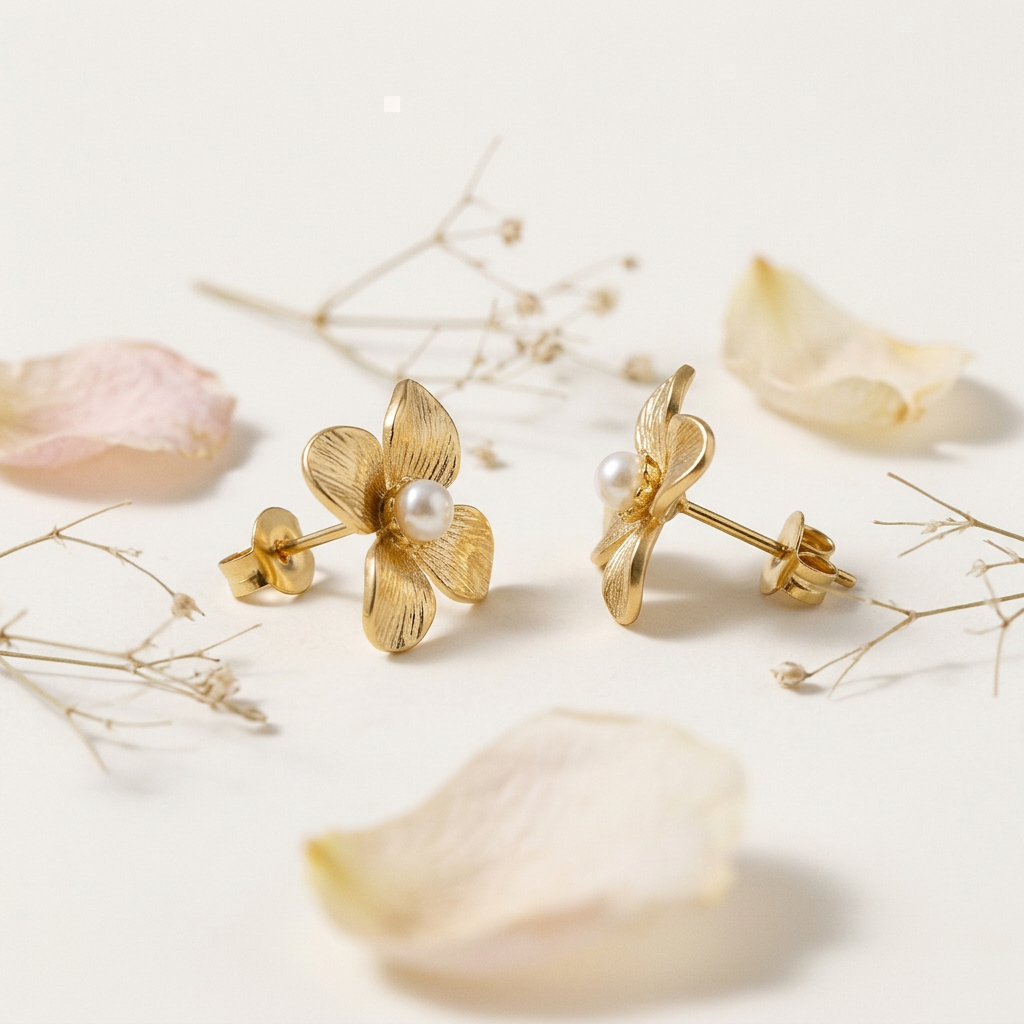 14K Gold Filled Textured Floral Pearl Stud Earrings