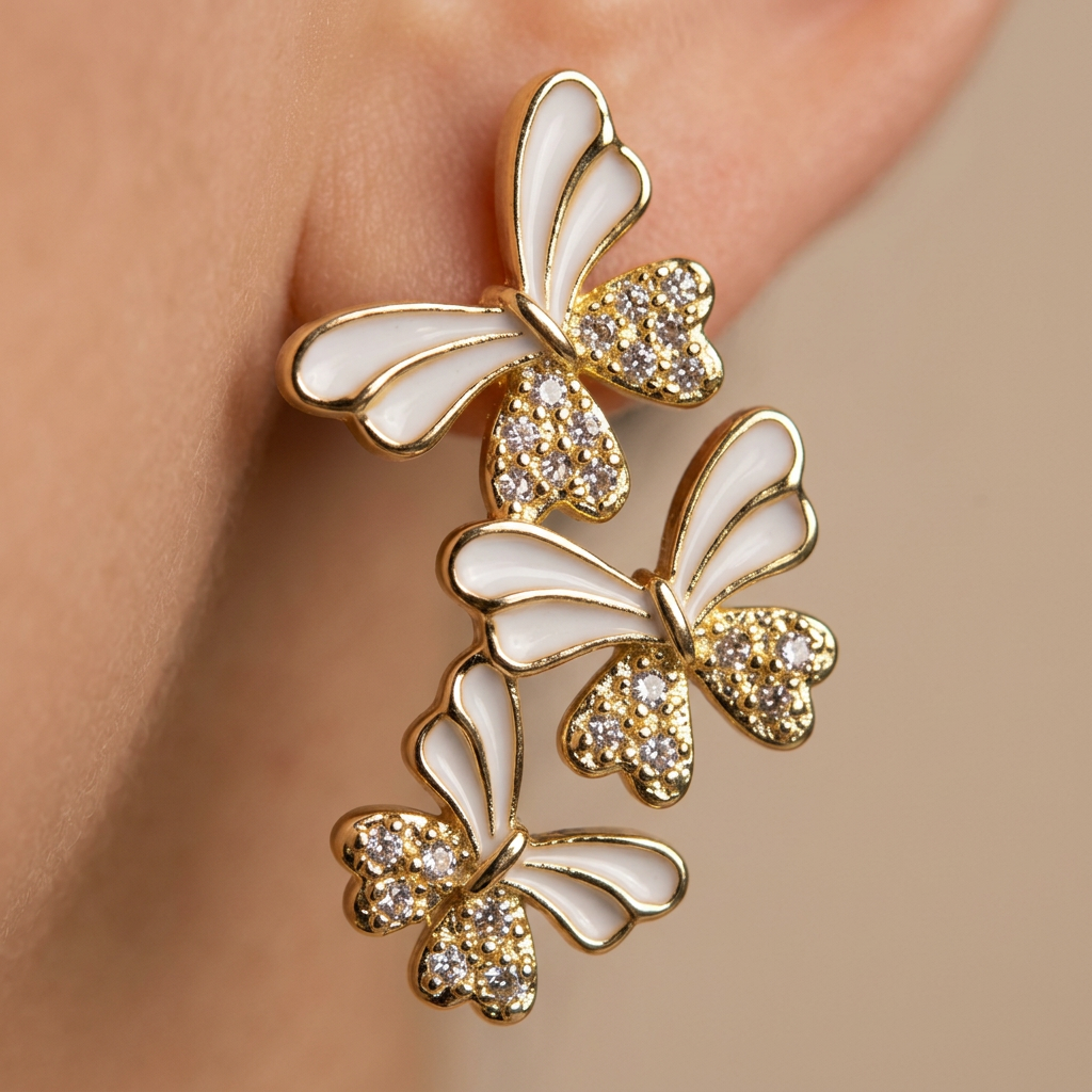 14K Gold Filled Triple Butterfly Enamel and CZ Stud Earrings