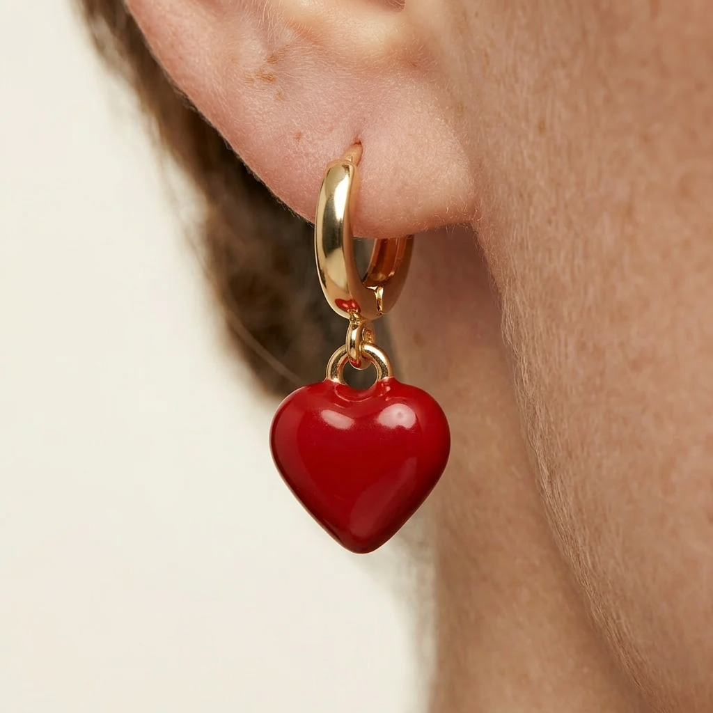 14K Gold Filled Red Enamel Heart Dangle Earrings