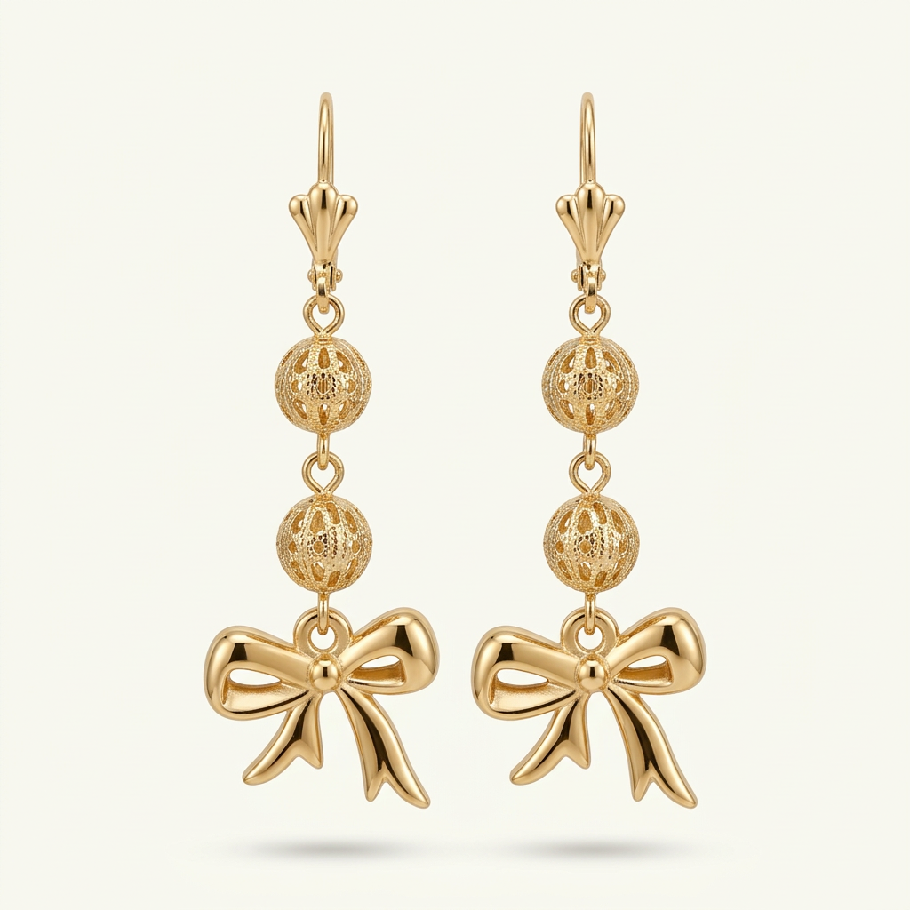 14K Gold Filled Bow and Filigree Dangle Earrings