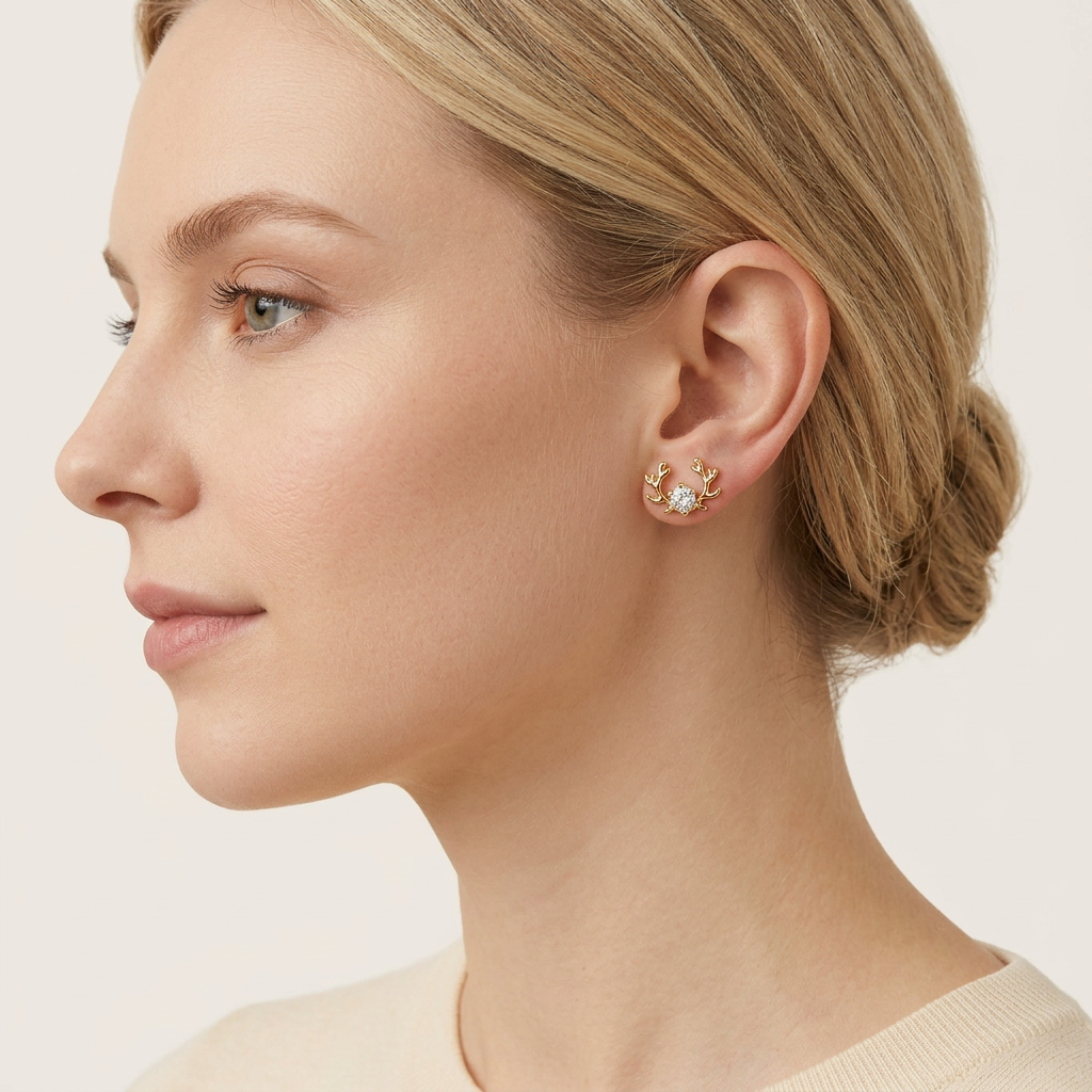 14K Gold Filled Antler and Cubic Zirconia Stud Earrings