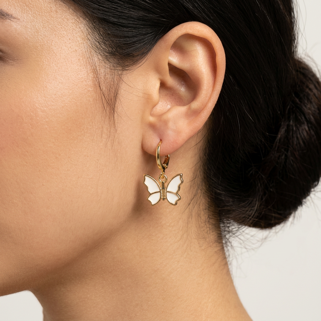 Gold Filled Enamel Butterfly Huggie Earrings
