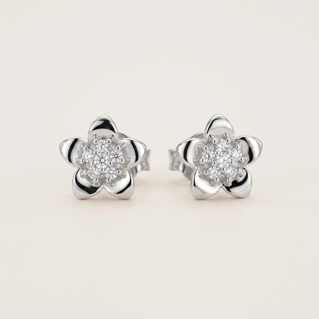 Rhodium Floral Stud Earrings with Cubic Zirconia