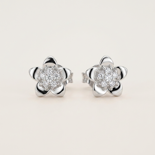 Rhodium Floral Stud Earrings with Cubic Zirconia