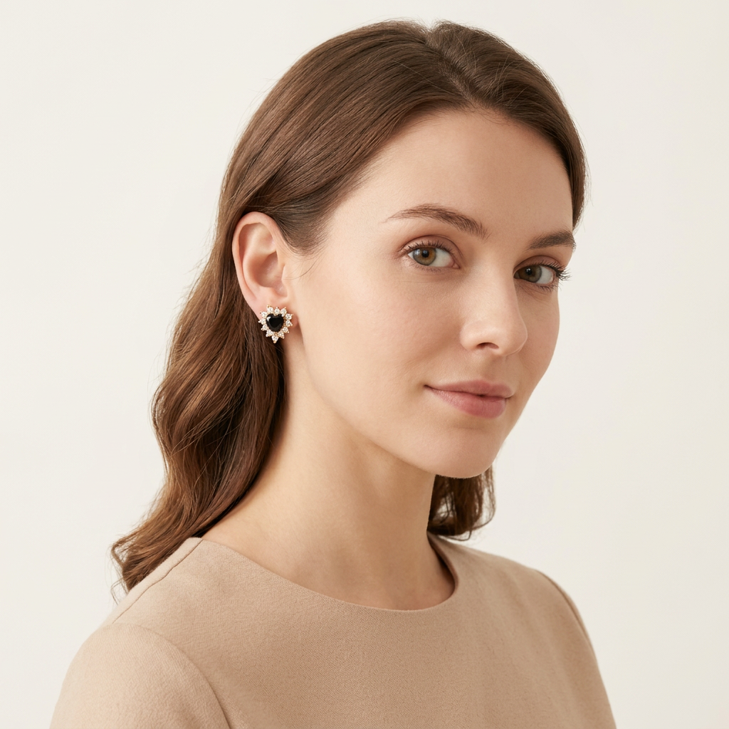 14K Gold Filled Black Heart Cubic Zirconia Stud Earrings