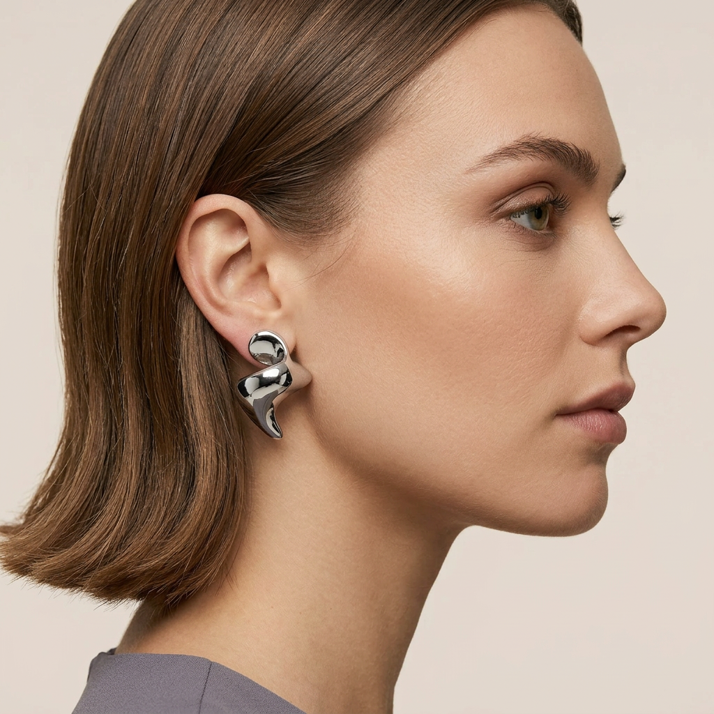 Rhodium Abstract Sculptural  Fluid Stud Earrings
