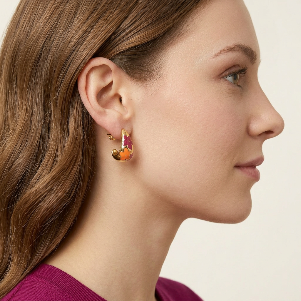 14K Gold Filled Floral Teardrop Stud Earrings - Pink