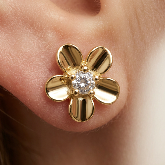 14K Gold Filled Floral Stud Earrings with Cubic Zirconia