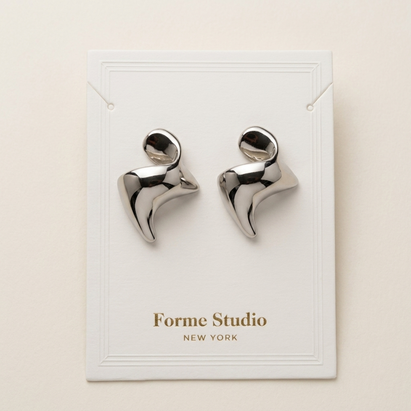 Rhodium Abstract Sculptural  Fluid Stud Earrings