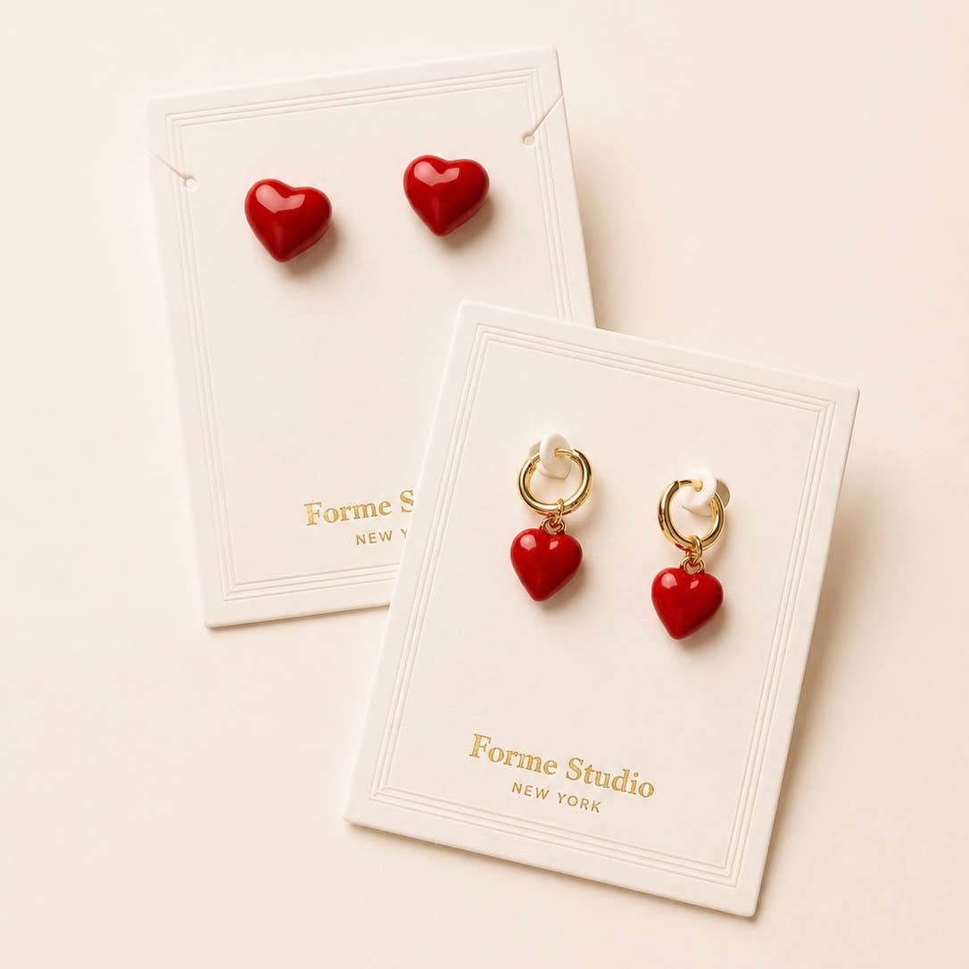 14K Gold Filled Red Enamel Heart Stud Earrings