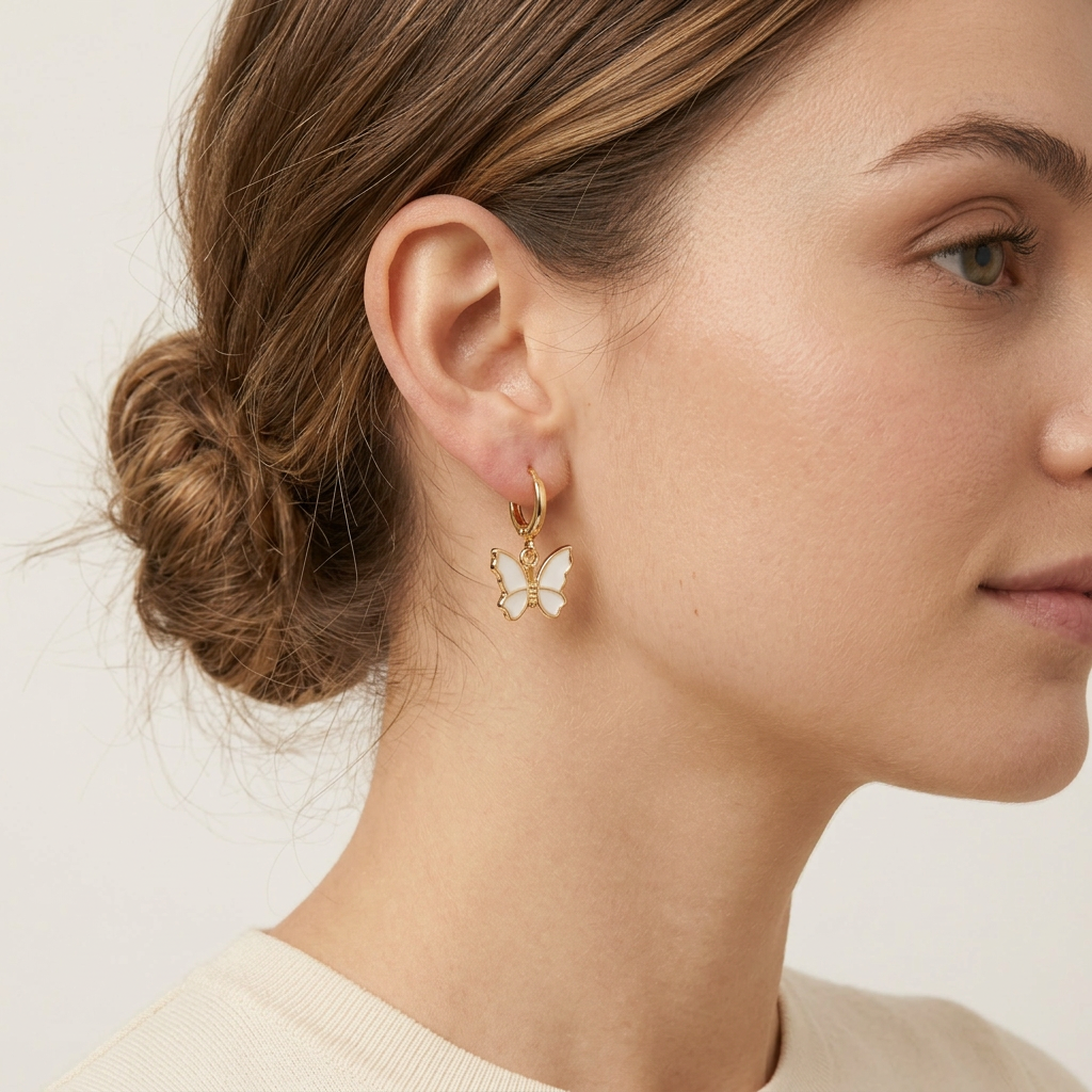 Gold Filled Enamel Butterfly Huggie Earrings
