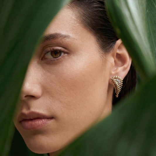 14K Gold Filled Sculptural Fern Leaf Stud Earrings with CZ